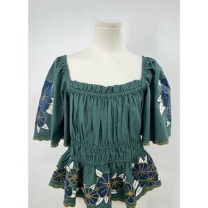 The Great. Wanderlust Top Teal Green Embroidered Boho Smocked Blouse 3 L NWT